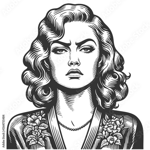 woman with an intense, skeptical look with disgust and disdain, dressed in mid-century fashion sketch engraving generative ai fictional character vector illustration. Scratch board. Black and white.