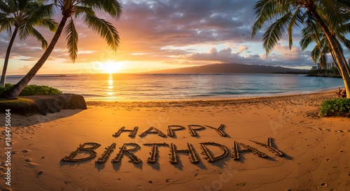 Happy Birthday written in sand at sunset beach