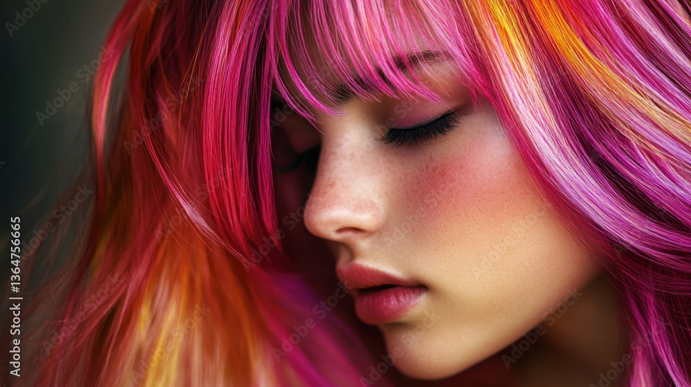 Naklejka premium Vivid Hair: The girl’s hair dyed in pink, with vivid shades of yellow and red is a stunning display of creativity, capturing the essence of beauty and imagination.