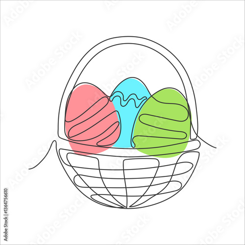 Continuous hand draw black line basket with three eggs of different colors with patterns on white background. Design for holiday card and invitation for Easter. Greeting card template text.