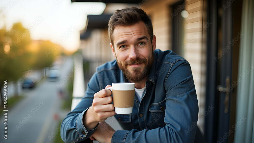 Confident Man Sipping Coffee on Balcony: Reflecting on New Opportunities Confident Man Sipping Coffee on Balcony: Reflecting on New Opportunities