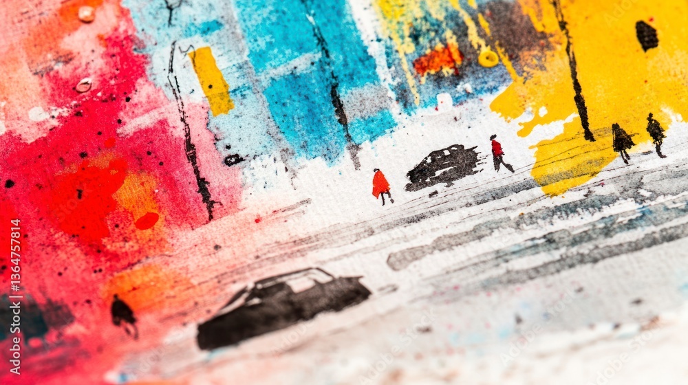 Fototapeta premium Watercolor Cityscape with People and Cars