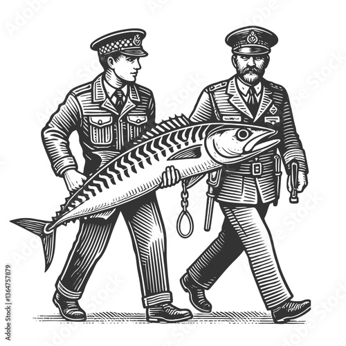 police officers arrested mackerel Fish, blending absurdity, humor, in a surreal composition sketch engraving generative ai vector illustration. Scratch board imitation. Black and white image.