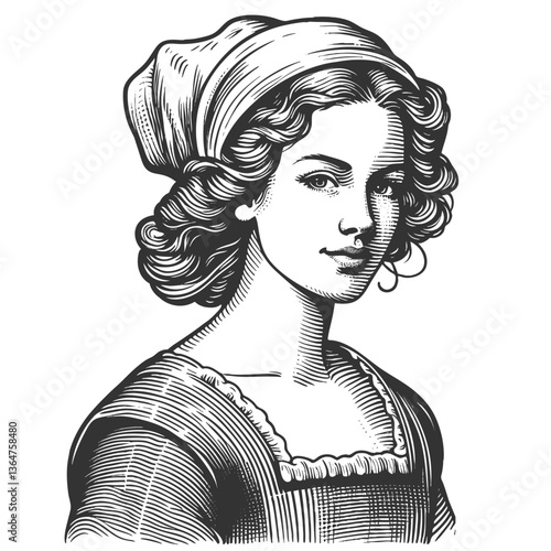Dutch woman with curly hair, wearing a simple bonnet and traditional square-neck dress sketch engraving generative ai fictional character vector illustration. Scratch board. Black and white image.