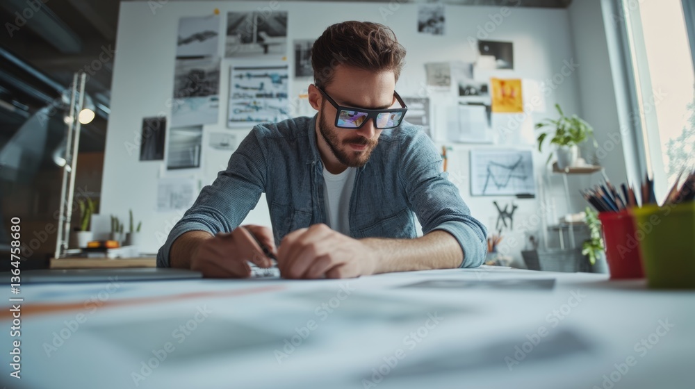 custom made wallpaper toronto digitalA designer working on augmented reality interfaces for education, modern design studio with AR glasses and digital screens, High-tech style