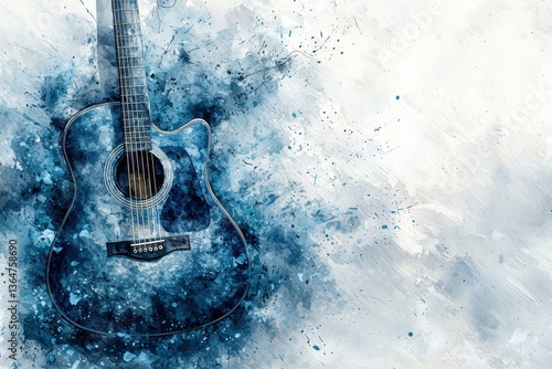 Watercolor blue acoustic guitar on clean white background with paint splatter