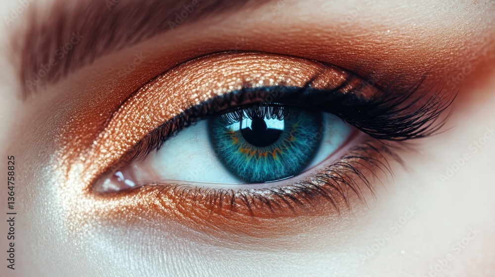 Turquoise Gaze: A mesmerizing turquoise eye adorned with intricate gold eyeshadow makeup and long eyelashes stares intensely, capturing the beauty and allure of the human eye. Turquoise Gaze: A mesmerizing turquoise eye adorned with intricate gold eyeshadow makeup and long eyelashes stares intensely, capturing the beauty and allure of the human eye.