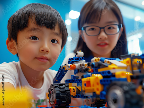 Two young asian students concentrating on building a robot model during a robotics class, demonstrating teamwork and problem solving skills