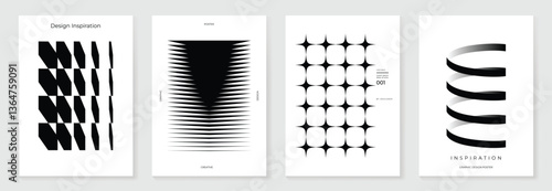 Abstract monochrome gradient poster background vector set. Modern cover template with black and white perspective geometric prism shape, halftone dot. Ideal design for social media, banner, ads.