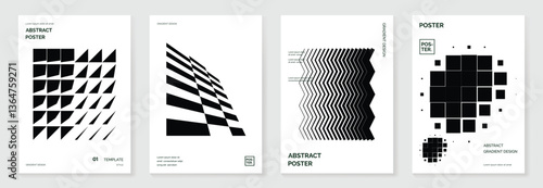 Abstract monochrome gradient poster background vector set. Modern cover template with black and white perspective geometric prism shape, halftone dot. Ideal design for social media, banner, ads.
