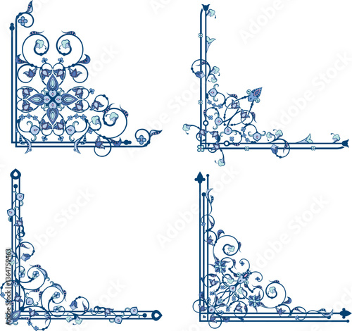 Vector luxury ornamental corner series. Page decoration floral designs in Oriental and Turkish style, great for wedding invitations and greeting cards. Blue and violet colors.