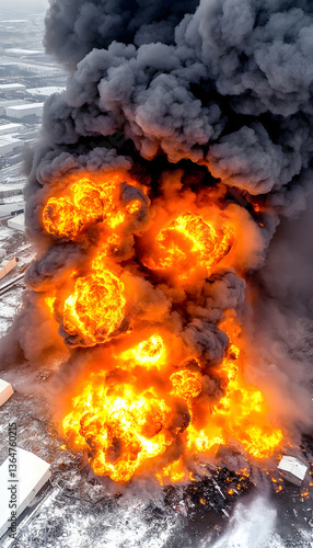 Aerial view of massive industrial fire, thick black smoke and intense orange flames engulfing structures in snowy landscape