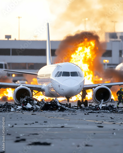 Airplane crash Fire blazing near a plane at the airport runway, debris scattered