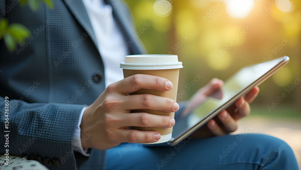 Double Exposure of Person with Coffee Cup, Tablet, and Park Bench Symbolizing American Workday Flexibility Double Exposure of Person with Coffee Cup, Tablet, and Park Bench Symbolizing American Workday Flexibility