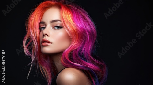 Wallpaper Mural Vibrant Hair Portrait: A portrait of a woman with colorful hair in bold shades is against a dark backdrop. Capturing beauty and bold style. Torontodigital.ca