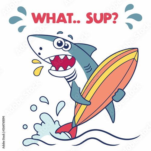 Playful Cartoon Shark Surfing with Surfboard, What Sup?