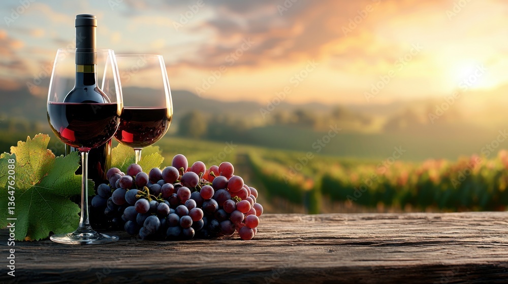 Fototapeta premium Sunset over Picturesque Vineyard Landscape with Red Wine Glasses and Ripe Grapes on Rustic Wooden Table Serene Countryside Scene with Cloudy Sky and Rolling Hills in the Background