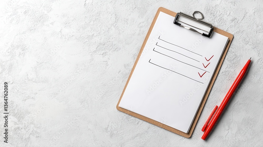 Top view of checklist on clipboard with red pen on gray background, symbolizing organization and planning. Top view of checklist on clipboard with red pen on gray background, symbolizing organization and planning.