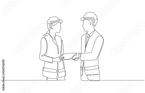 Continuous one line drawing of female engineer shaking hands with project manager, engineering business concept, single line art