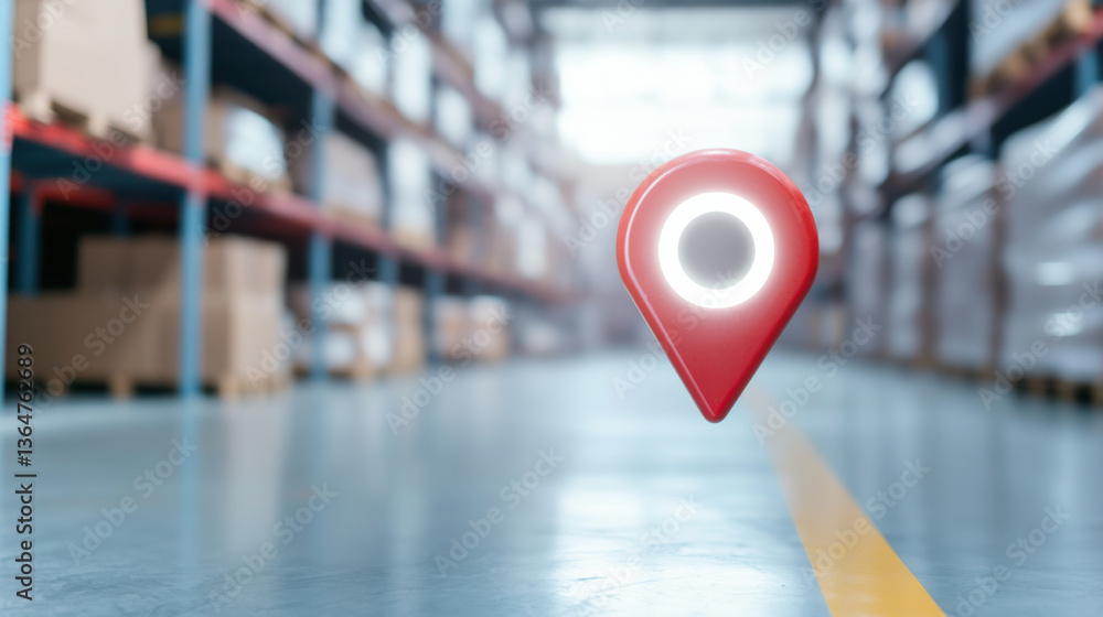 Fototapeta premium glowing red location pin hovers in warehouse aisle, symbolizing real time tracking