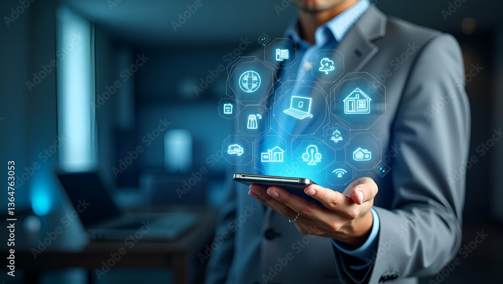 Individual Blended with Smart Appliances and Digital Interface: A Double Exposure Concept for Connected Home Management with Copy Space in Photo Stock Individual Blended with Smart Appliances and Digital Interface: A Double Exposure Concept for Connected Home Management with Copy Space in Photo Stock