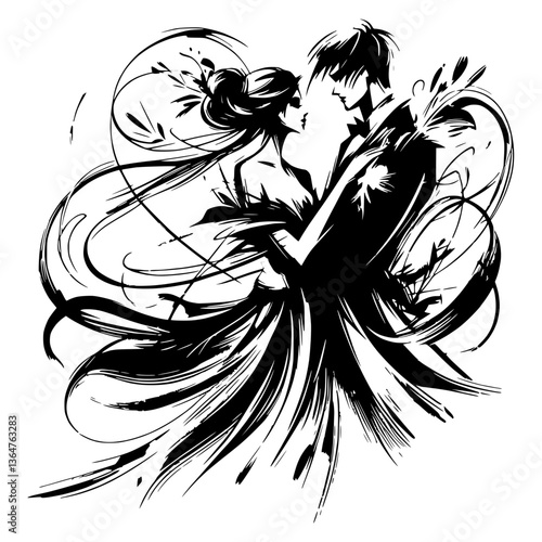 Elegant couple in a romantic embrace, black pencil drawing