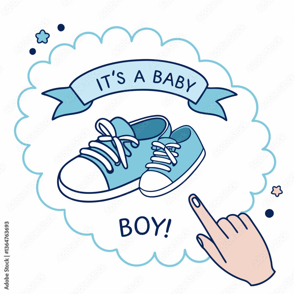 Fototapeta premium Adorable Baby Boy Announcement with Blue Sneakers and Hand Gesture
