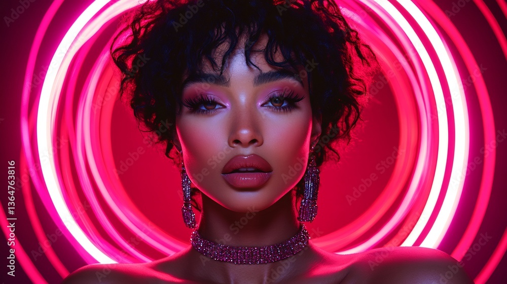 Fototapeta premium Beauty blogger filming makeup tutorial ring light pastel studio trendy aesthetic