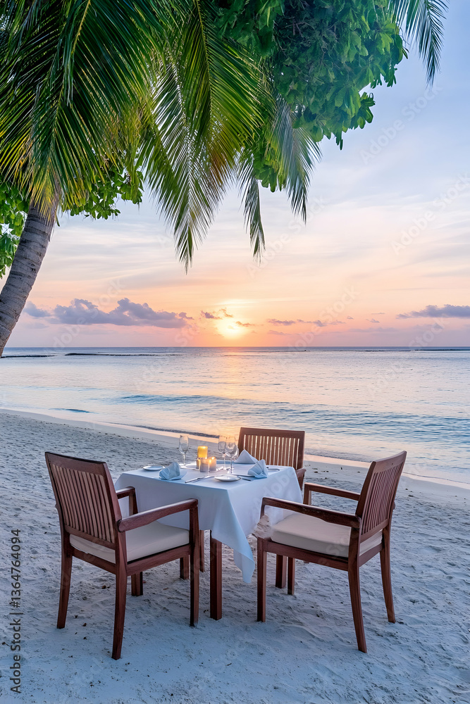Fototapeta premium Beach dinner setting, chairs around a table, ocean and sunset view