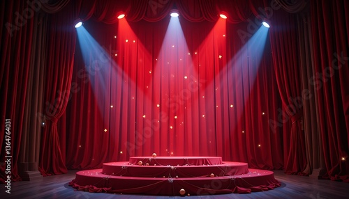 Stage with Red Curtains and Spotlights Shines with Golden Accents