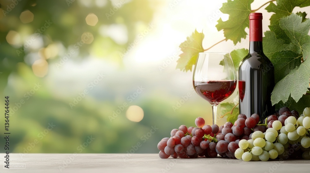 Obraz premium Elegant red wine bottle and glass placed in a lush grape vineyard landscape with vibrant green vines grape clusters and soft sunlight bokeh creating a tranquil gourmet and premium winery scene