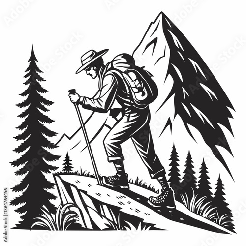 Vintage Black and White Illustration of a Hiker Trekking in the Mountains