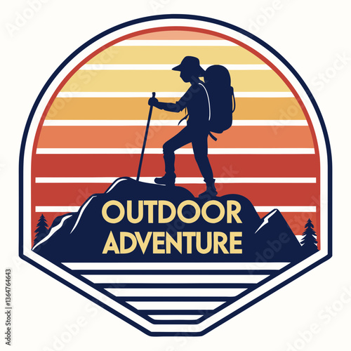 Retro Hiking Badge: Silhouette of Adventurer on Mountain Peak at Sunset