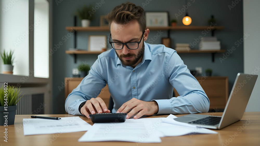 Flat Man Calculating Domestic Bills: A Cute Vector Illustration of Home Expenses and Taxes Flat Man Calculating Domestic Bills: A Cute Vector Illustration of Home Expenses and Taxes