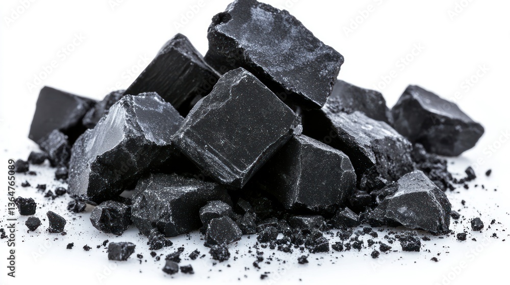 Black Charcoal Pieces, Close-up Studio Shot of Dark, Rough-Textured Charcoal Fragments Against a White Background Black Charcoal Pieces, Close-up Studio Shot of Dark, Rough-Textured Charcoal Fragments Against a White Background
