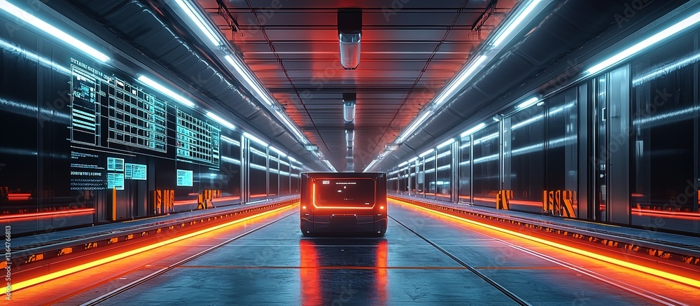 Futuristic vehicle illuminated and centered inside a long tunnel structure Futuristic vehicle illuminated and centered inside a long tunnel structure