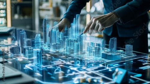 A digital twin specialist designing AI for smart city simulations, high-tech urban planning center with AI-driven 3D city models and infrastructure optimization tools, Futuristic style