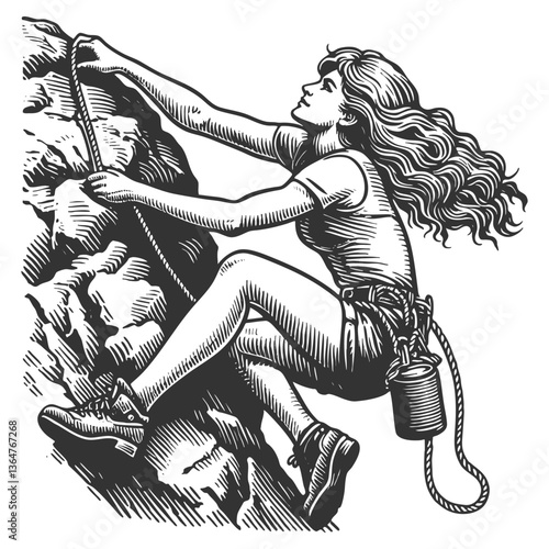 woman rock climbing, showcasing strength, adventure, and outdoor exploration sketch engraving generative ai fictional character vector illustration. Scratch board imitation. Black and white image.