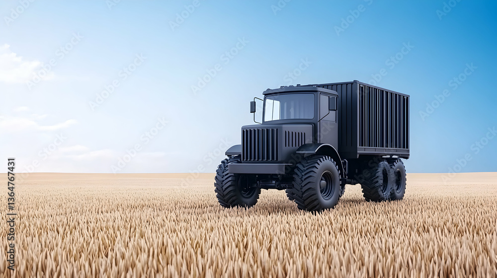 Obraz premium Black off-road truck in a golden wheat field under a clear sky