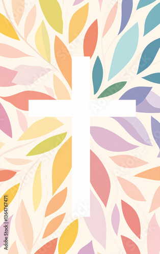 white christian cross surrounded by colorful abstract leaves, modern spiritual illustration combining faith with vibrant graphic floral design on soft background