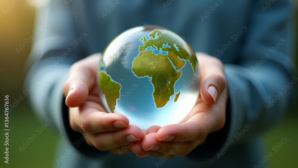 Hand Holding Crystal Globe with Circular Economy Icon: Highlighting Carbon Credit, CO2 Reduction, and Renewable Materials for a Sustainable Future - Stock Photo Concept Hand Holding Crystal Globe with Circular Economy Icon: Highlighting Carbon Credit, CO2 Reduction, and Renewable Materials for a Sustainable Future - Stock Photo Concept