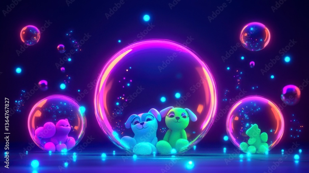 Fototapeta premium Colorful Dogs in Neon Bubbles