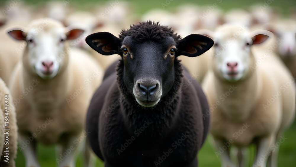 Fototapeta premium Flat Black Sheep Standing Out: A Unique Vector Illustration of a Distinctive Black Sheep Among White Sheep in a Pasture - Perfect for Business Concepts