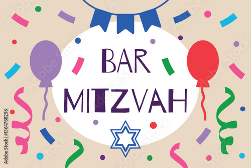 Bar Mitzvah banner or greeting card. Star of David, balloons, text, confetti. Vector illustration for your holiday