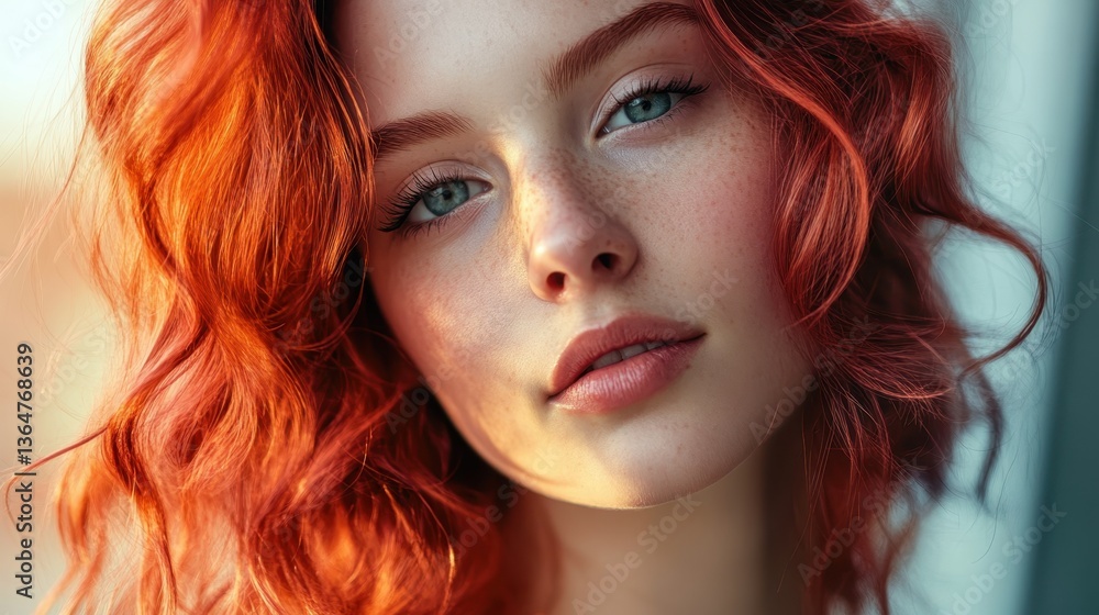 Fototapeta premium Crimson Radiance: A captivating portrait of a woman with vibrant red hair, her face bathed in soft light, exudes confidence and elegance.