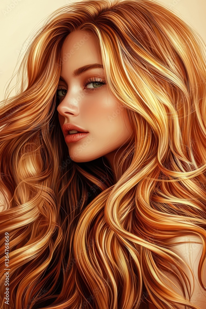 Obraz premium Golden Cascade: An enchanting portrayal of a woman with voluminous, radiant, golden-red locks cascading around her, illuminating her face with a gentle glow.
