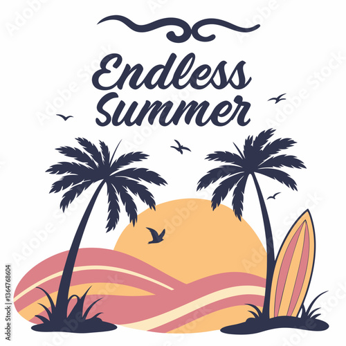 Wallpaper Mural Endless Summer: Palm Trees, Sunset, Surfboard, Summer Vacation Design Torontodigital.ca