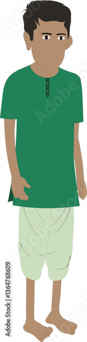 Vector illustration of a young indian boy standing wearing green kurta and white dhoti.kid cartoon character design isolated on white background