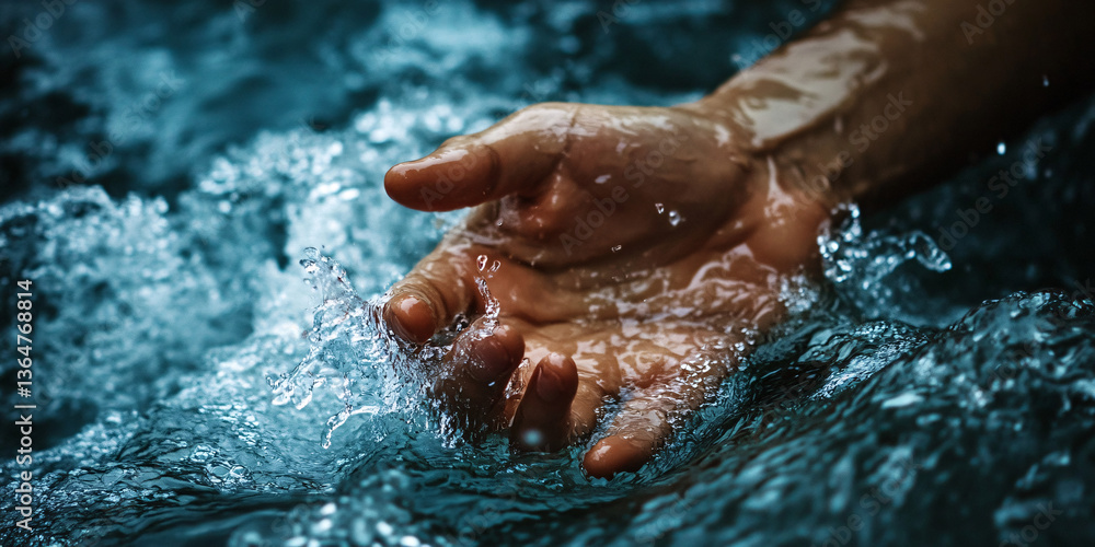 Fototapeta premium human hands splashing water in natural outdoor setting, detailed closeup with droplets and sunlight, symbol of purity, connection, and freshness in motion