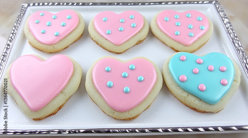 Heartshaped cookies with pink, and blue icing. Heartshaped cookies with pink, and blue icing.
